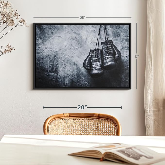 ElephantStock Boxing Gloves Wall Art - Horizontal Framed Canvas - 1-Piece Living Room Wall Decor - Photography Sports Canvas Print - Black and Gray Decor for Wall - 25" X 17"-Ruum Studio Home