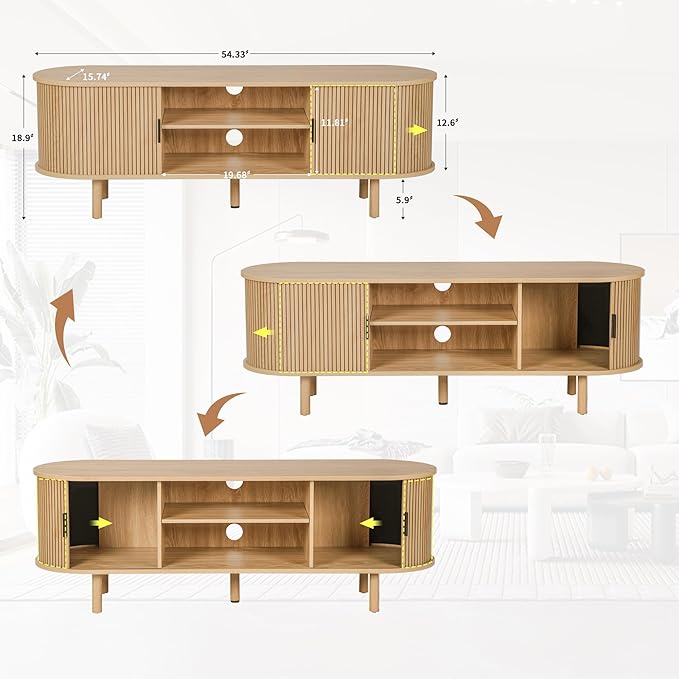 54" Tambour Door TV Stand,Wood Mid Century Modern TV Cabinet for Up to 65“ TV,Curved Edge Long TV Stand with Storage for Bedroom Living Room(Natural, 54inch)-Ruum Studio Home