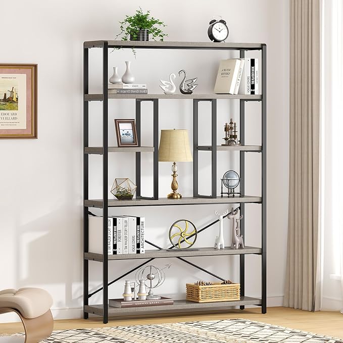 LVB Industrial 6 Tier Bookshelf, Large Tall Open Rustic Vintage Etagere Bookcase, Gray Big Wide Modern Farmhouse Wood and Metal Book Shelf for Home Bedroom Living Room Office Storage, Light Grey Oak-Ruum Studio Home