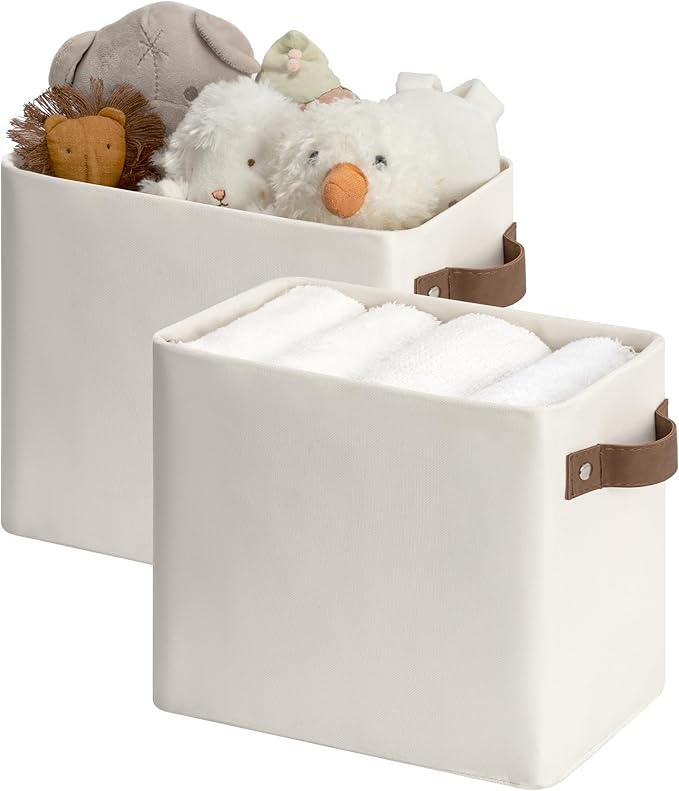 StorageWorks Narrow Storage Bins, Small Basket for Closet and Shelves, Rectangular Fabric Organizer with Handles, Toilet Paper Storage, Beige, 2-Pack-Ruum Studio Home