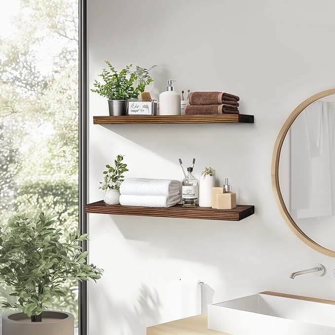 24"x6.8"x1.2" Solid Wood Floating Shelves 2-Pack - Rustic Brown Finish with Hidden Brackets, Perfect for Storage and Décor in Living Room, Kitchen, Bedroom-Ruum Studio Home