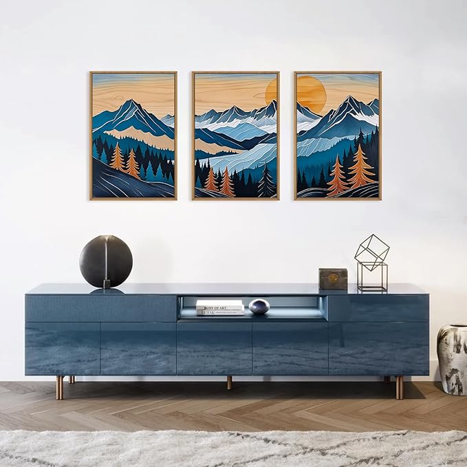 Celestdeco Blue Woodcut Mountain Framed Canvas Wall Art Set, Boho Abstract Ridge Wall Decor, Pine Tree Landscape Wall Painting, Sunrise Forest Art Print for Living Room, Bedroom, Office - 24"X36"X3-Ruum Studio Home