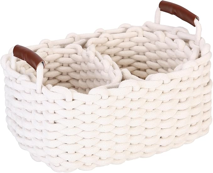 Sea Team 3-Pack Rectangle Woven Cotton Rope Storage Baskets with Handles, Shelf Basket, Closet Organizers, 3-in-1, White-Ruum Studio Home