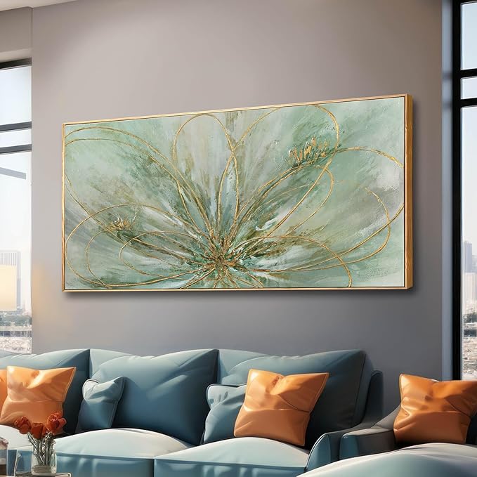 Framed Canvas Prints Gold Line Poster Abstract Wall Ar Green Pictures Wall Decor 29"x 58" Modern Artwork Large Wall Decorations for Living Room Home-Ruum Studio Home