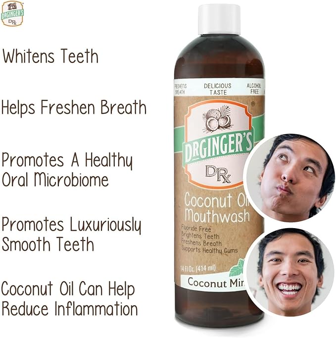 Dr. Ginger’s Coconut Oil Pulling Alcohol Free Mouthwash - Mint Flavor, 14 fl oz Support Gum Health, Tongue, and Teeth Whitening for Adults, Fluoride Free, All-Natural Oil and Xylitol for Bad Breath-Ruum Studio Home