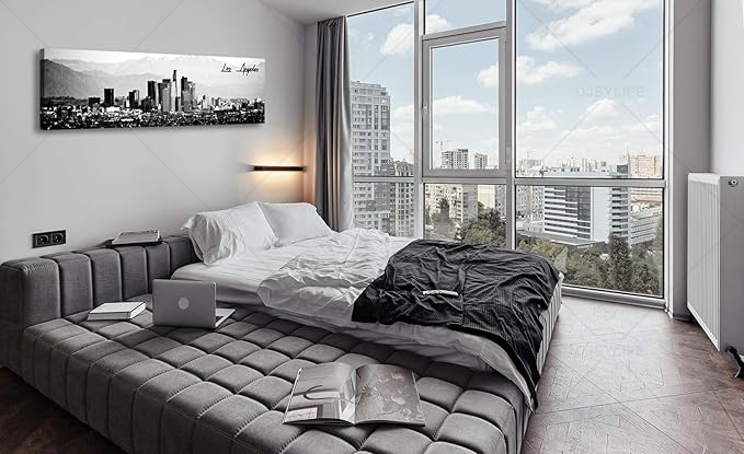 DJSYLIFE Los Angeles Skyline Wall Art Black and White USA Panoramic Cityscape Picture Canvas Prints Artwork for Bedroom Men Room Office Decoration Painting Ready to Hang 13.8"x47.3"-Ruum Studio Home