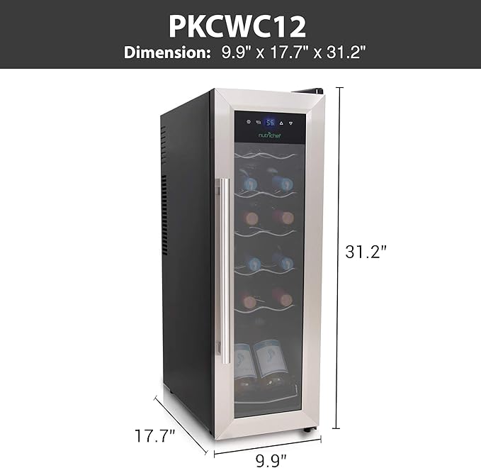 NutriChef PKCWC12 12 Bottle Cooler Refrigerator White and Red Countertop Chiller, Freestanding Compact Mini Wine Fridge with Digital Control, Stainless Steel-Ruum Studio Home