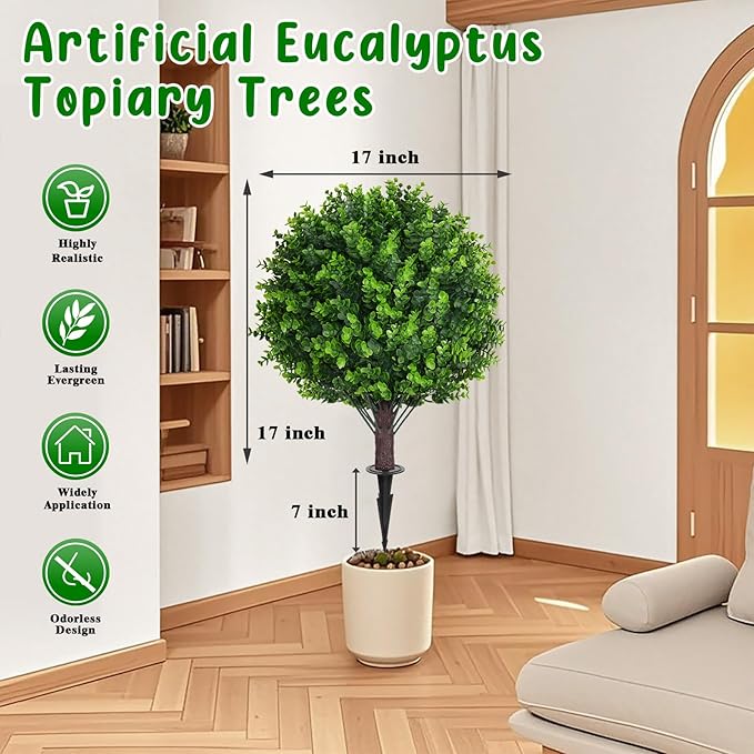 Artificial Topiary Tree with Eucalyptus, Set of 2 Artificial Shrub Bushes with Ground Spike, Fake Evergreen Tree for Porch, Artificial Plants for Outdoor Planters Indoor UV Resistant-Ruum Studio Home