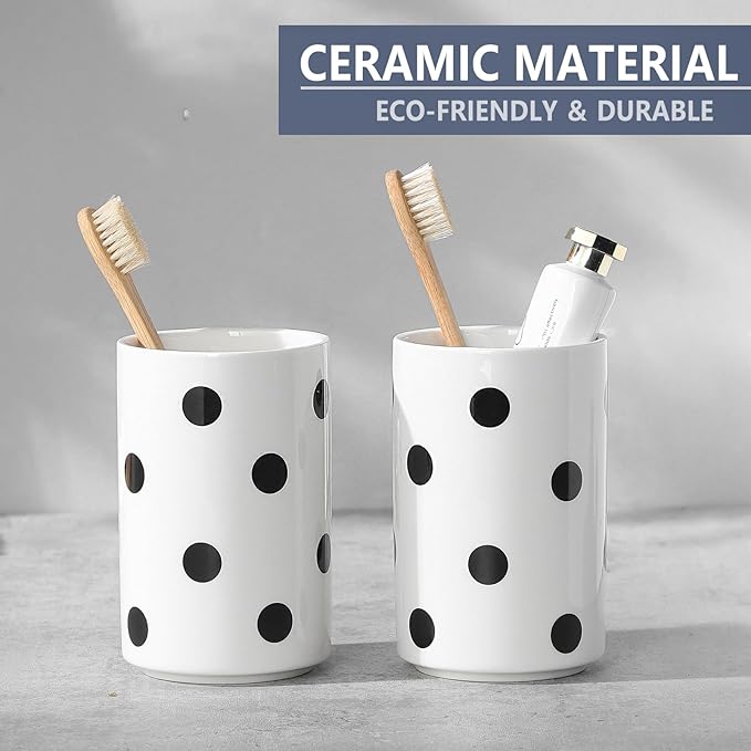 Black Polka Dot Ceramic Toothbrush Holders White - 2 Cups Toothbrush Holders for Bathrooms Toothbrush Toothpaste Holders, White Bathroom Tumbler Cups, Reusable Toothbrush Cups-Ruum Studio Home