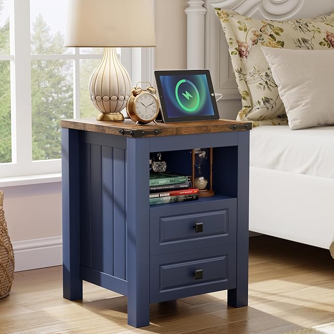 Apicizon Side Table, Farmhouse End Table with Charging Station and Storage Cabinet, 17'' Bedside Table with Drawers, Rustic Small Coffee Table for Living Room, Bedroom-Ruum Studio Home