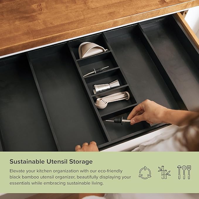 Adjustable Kitchen Drawer Organizer for Utensils and Junk, Food-Safe Contract Grade with 100% Sustainable Wood, Expandable from 19 to 33 Inches Wide - Black Bamboo-Ruum Studio Home