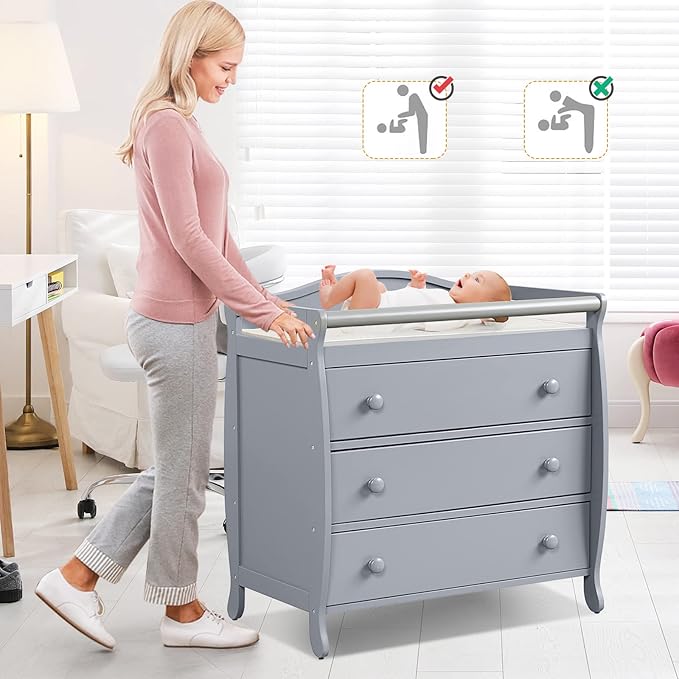 Costzon 3-Drawer Changing Table, Infant Diaper Changing Station with Drawers, Safety Rails & Strap, Baby Changing Table Dresser for Nursery, Easy Assembly (Gray)-Ruum Studio Home
