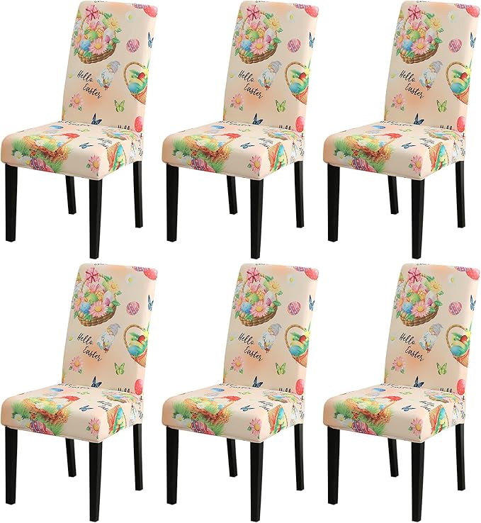 JQinHome Easter Chair Covers Set of 6,High Stretch Removable Washable Chair Seat Protector Cover for Easter Decoration-Easter Theme Decor with Easter Egg Basket-Ruum Studio Home