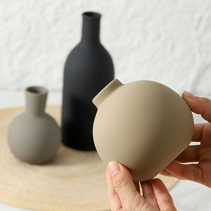 Ceramic Vase Set of 3, Flower Decorative Vases Home Decor Boho Neutral Modern Pottery Pampas Vases for Centerpiece Bouquet Table Mantel Entryway Bookshelf Living Room Bedroom Bathroom Kitchen-Ruum Studio Home