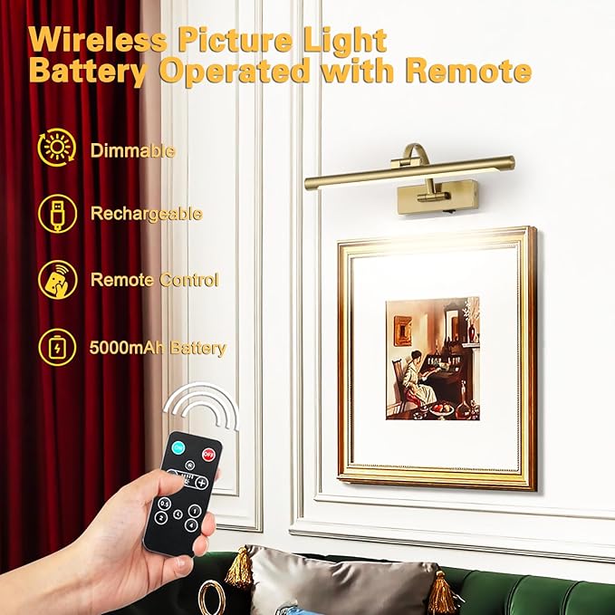 Battery Operated Picture Light with Remote and Timer, Wireless Art Lights for Paintings Brass Rechargeable Gallery Light Dimmable Artwork Lighting for Canvas, Portrait 16'' Inch Warm White-Ruum Studio Home