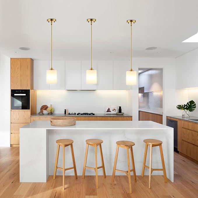 Modern Gold Pendant Light Brushed Brass Mid Century Chandelier White Cylinder Glass Shades Adjustable Rods Farmhouse Ceiling Hanging Lighting Fixture Kitchen Island Dining Room Bedroom-Ruum Studio Home