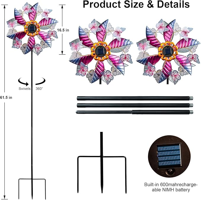 Solar Wind Spinners for Yard and Garden - 61.5 Inch 360° Metal Large Wind Sculptures Outdoor Clearance Kinetic Windmills with Vine String Shining LED Lights for Patio, Lawn Garden Decoration-Ruum Studio Home