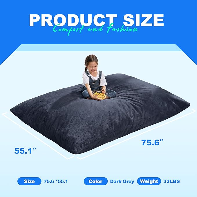 Hobestluk 3 in 1 Bean Bag Chair Giant Bean Bag Chairs for Adults with Plush Faux Fur Cover Convertible Bean Bag Floor Cushion with Machine Washable Cover for Living Room (Plush Dark Grey)-Ruum Studio Home