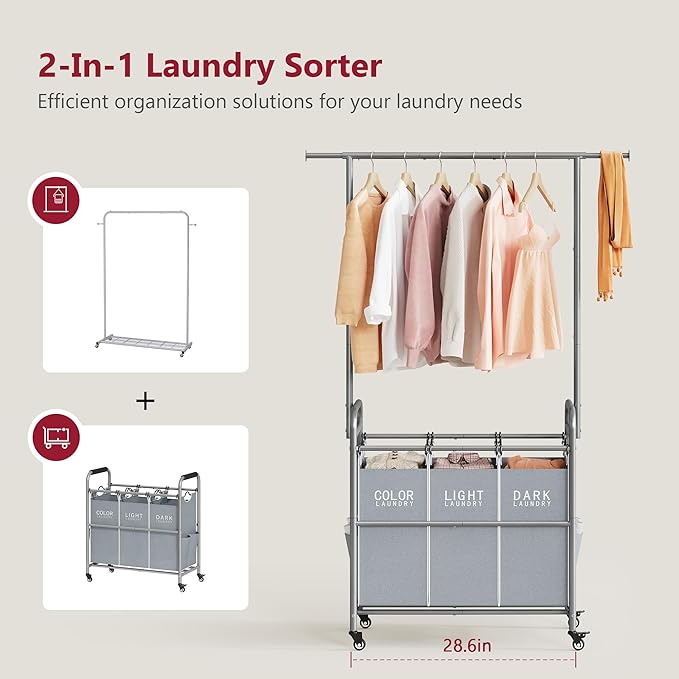 Tajsoon Laundry Sorter with Hanging Bar, 3 Section Rolling Laundry Hamper with Heavy Duty Lockable Wheels, Laundry Basket with Hanging Rack for Bedroom, 3 Gray-Ruum Studio Home