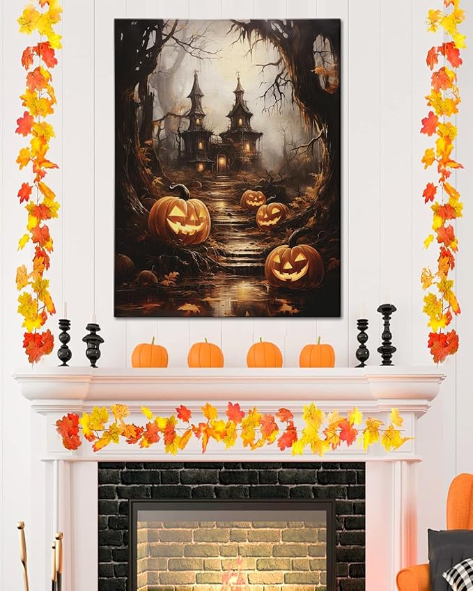 AbcCustomize Halloween Canvas Wall Art - Spooky Haunted House & Eerie Pumpkins Poster, Gothic Fall Decorations for Home, Vintage Halloween Decor Indoor for Living Room, Bedroom & Party-Ruum Studio Home