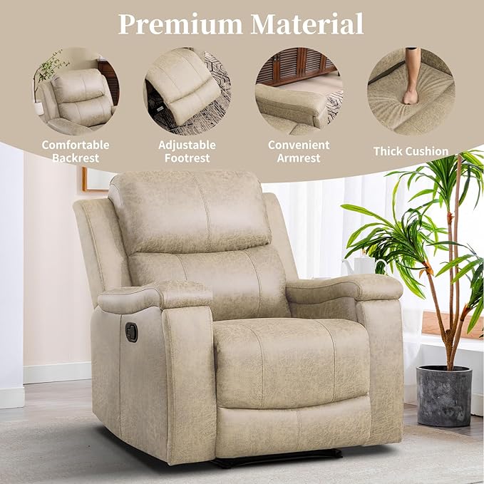 EBELLO Recliner Chair, Single Overstuffed Sofa Recliner, Breathable Faux Leather Manual Reclining Chairs with Hidden Cup Holder, Arm and Back for Adults, Living Room, Bedroom, Beige-Ruum Studio Home