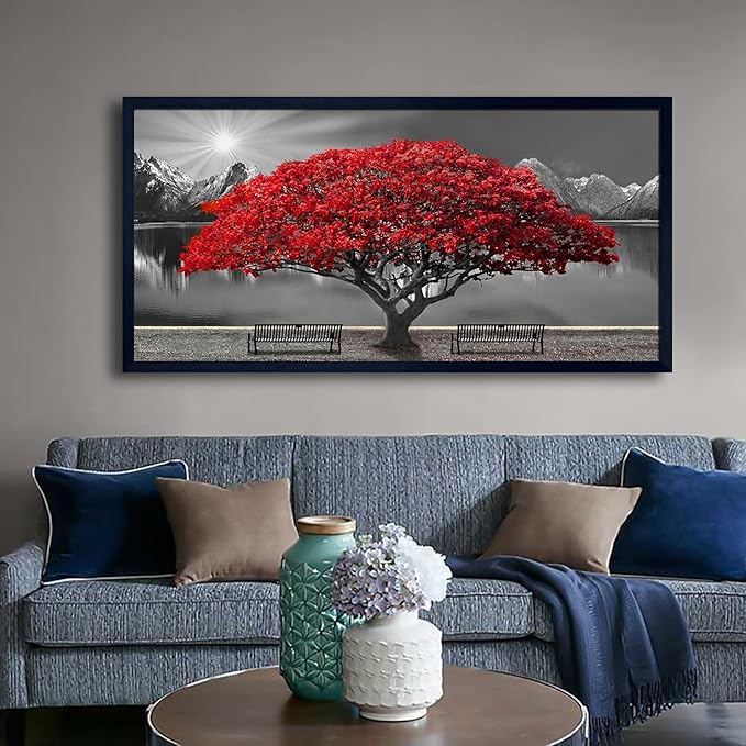 Black and White Red Tree Wall Art Canvas Print Picture Large Red Tree Landscape Modern Artwork for Living Room Bedroom Office Home Wall Decor With Frame 29X58inch Black Framed-Ruum Studio Home
