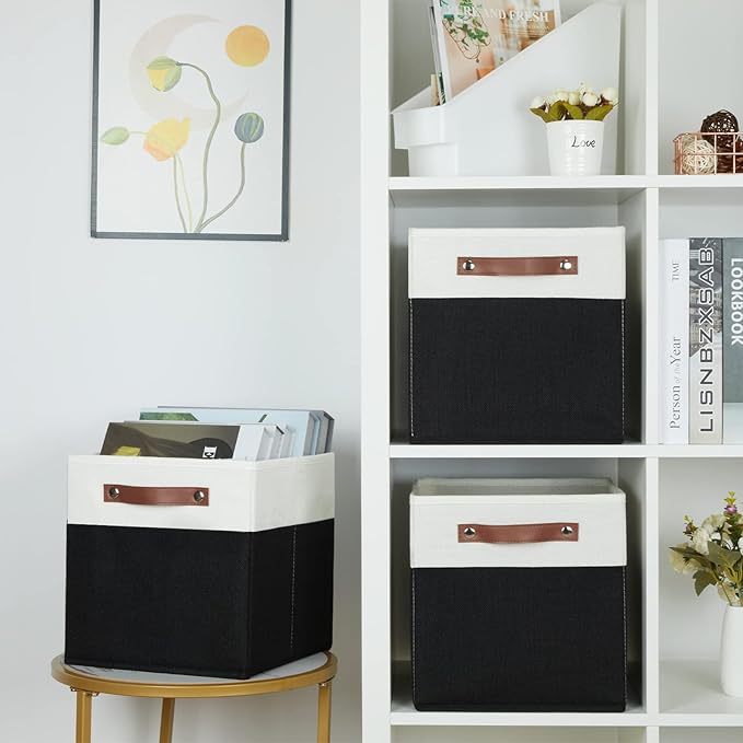 HNZIGE Cubes Storage Bins Set of 4,11 x 11 Fabric Storage Cube Baskets for Storage,Decorative Storage Bins for Shelves with Handles,Closet Clothes Baskets for Organizing Home(Black White)-Ruum Studio Home