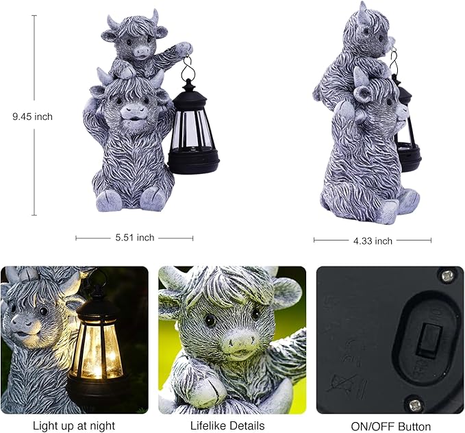 Goodeco 9.5 Inch Highland Cow with Solar Lantern – Resin Garden Decor, Outdoor Statue & Unique Highland Cow Gifts (Gray)-Ruum Studio Home