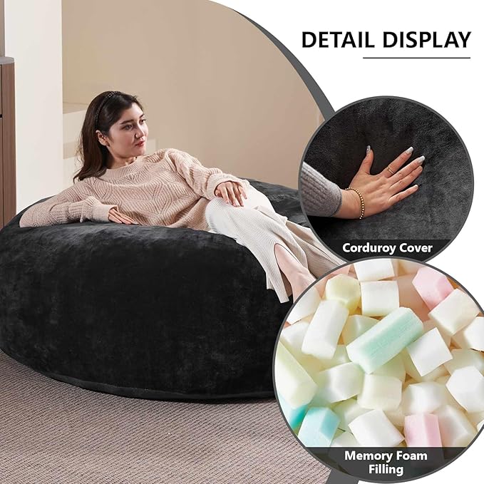 4FT Large Bean Bag Chairs,Big Adult Size Memory Foam Beanbags with Filler Included,Machine Washable Corduroy Cover,Ultra Soft Plush Gaming Bing Bag Puff Chair for Dorm, Living Room & Bedroom (Black)-Ruum Studio Home