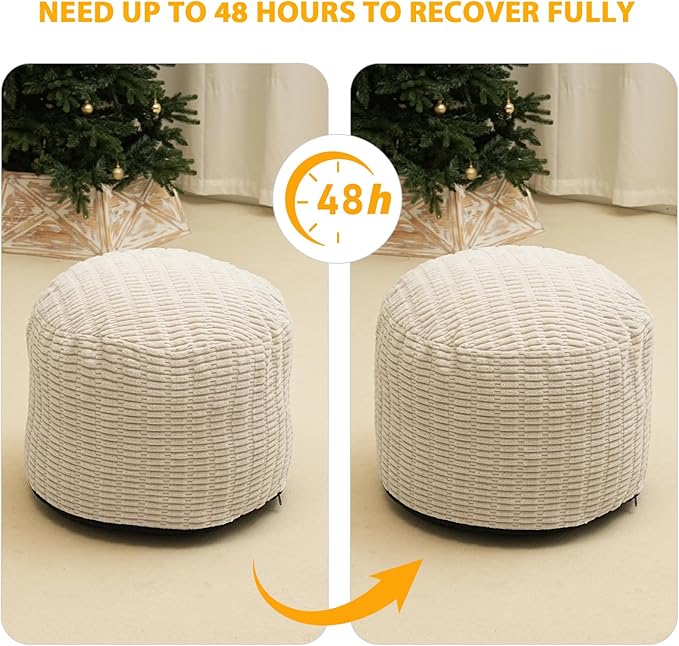 Round Stuffed Pouf Ottoman for Foot Rest, Storage Ottoman Pouf Foot Stool Cushion, Faux Fur Poufs with Foam Chunk Filling, 26 X 18 Inch Floor Chair for Living Room Bedroom Home Decor, Beige-Ruum Studio Home