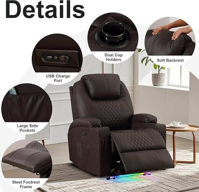AHMED Power Recliner Chair with Vibration Massage & Heat for Adults, Faux Leather Home Theater Seating with Cup Holders/LED Lights/USB Ports/Side Pockets for Living Room, Brown-Ruum Studio Home