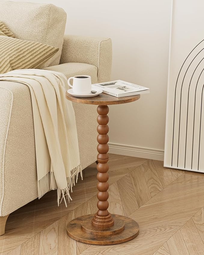 Masupu Round Side Table, Small End Table for Small Spaces, Pedestal Drink Table with Solid Wood Leg for Living Room, Bedroom, Corners(Rustic Brown)-Ruum Studio Home