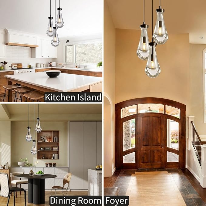 Bronze 3 Light Pendant Lighting, Raindrop Pendant Lights, Black Adjustable Hanging Rope Cluster Pendant Lighting Over Kitchen Island, Teardrop Glass Chandelier Dining Room Light Fixture-Ruum Studio Home