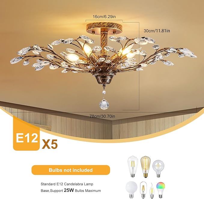 Ganeed Vintage Crystal Chandelier, Modern Bronze Branches Ceiling Light Fixture with 5-Light Heads for Farmhouse Living Room Dinning Room Kitchen Over Table Hallway-Ruum Studio Home