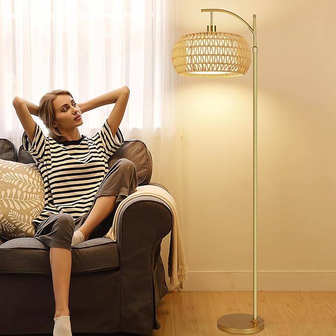 Gold Floor Lamps for Living Room Rattan Boho Floor Lamp with Remote Control,Dimmable Arc Floor Lamp Wicker LampShades Brass Standing Lamp with 3 Color Temperature Tall Floor Lamps For Bedroom Corner-Ruum Studio Home