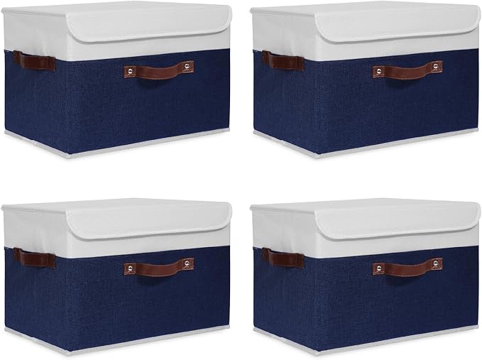 ANMINY 4PCS Storage Boxes with Lid Washable Decorative Storage Bin Basket with PU Leather Handle Foldable Linen Fabric Storage Cube Container for Home Closet Organizer - Deep Blue White, Large Size-Ruum Studio Home