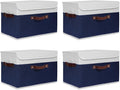 ANMINY 4PCS Storage Boxes with Lid Washable Decorative Storage Bin Basket with PU Leather Handle Foldable Linen Fabric Storage Cube Container for Home Closet Organizer - Deep Blue White, Large Size-Ruum Studio Home