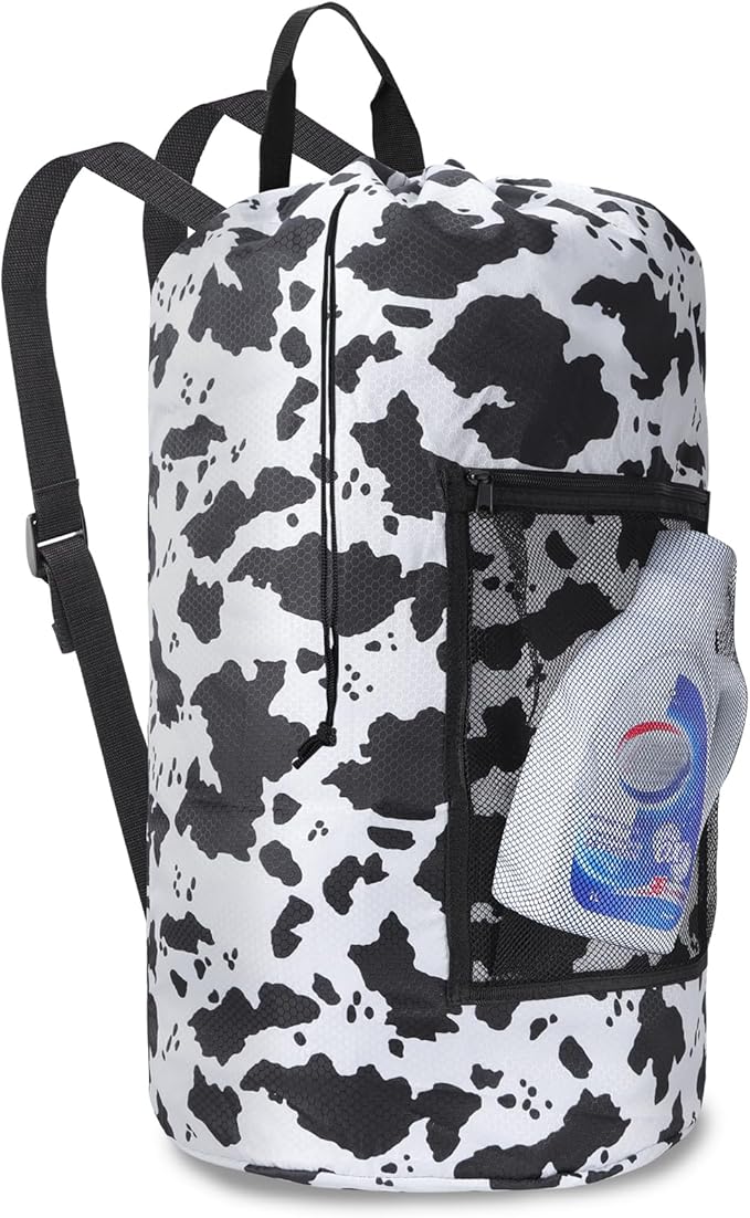 Femuar Laundry Bag Backpack Durable Laundry Bag with Shoulder Straps and Mesh Pockets Portable Laundry Dirty Clothes Hamper Bag for College Dorm (Cow Print)-Ruum Studio Home