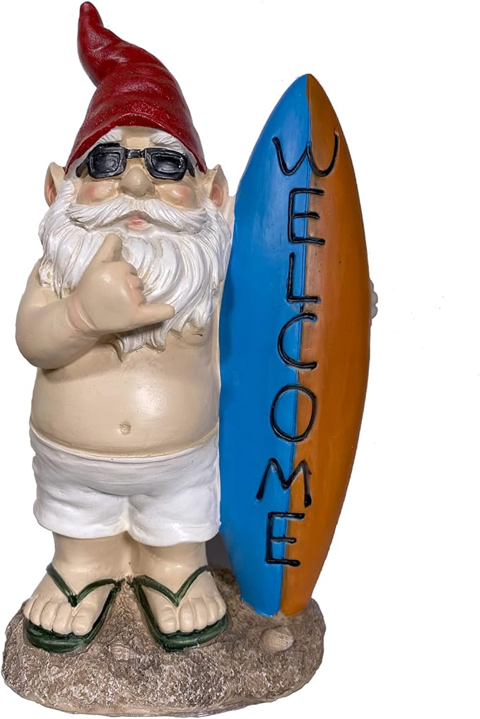 Surfer Garden Sculpture | Party Gnome Garden Statue |Surfing gnome |Funny Lawn Gnome Statue - 10 inches-Ruum Studio Home