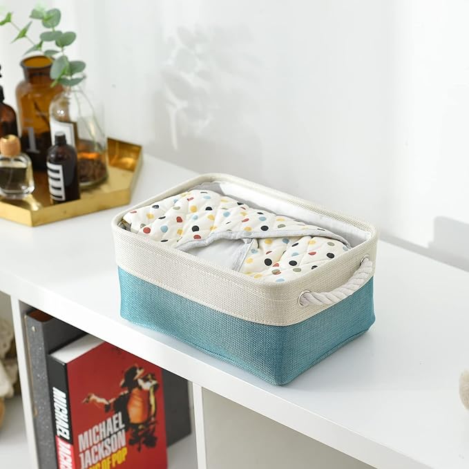 TheWarmHome Fabric Storage Bin with Handles,Storage Basket for Home Storage and Organization, Shelf Basket with Cover for Living Room Bedroom Decor Closet（White & Green,Small ,11.8L×7.9W×5.2H-Ruum Studio Home