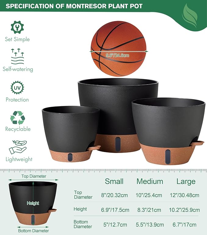 12/10/8 Inch Self Watering Pots for Indoor Plants Plastic Large Plant Pot for Outdoor Plants, Water Level Window & Spacious Reservoir Flower Pots Decorative Planter with Drainage and Tray (Black)-Ruum Studio Home