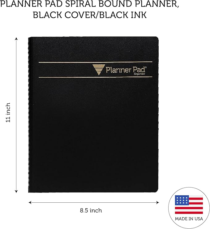 Planner Pad Spiral Bound January-December 2025/ Calendar Year 8 1/2" x 11" Large 3-Tier Funnel Down 12 Month Organizer, Black Cover/Black Ink-Ruum Studio Home