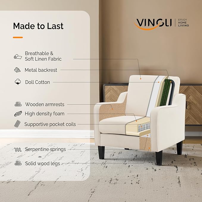 VINGLI Mid Century Modern Accent Chair, Beige Fabric Accent Chairs for Living Room Upholstered Armchair Sofa with Scooped Arms for Bedroom, Apartment, Studio, Office, Waiting Room-Ruum Studio Home