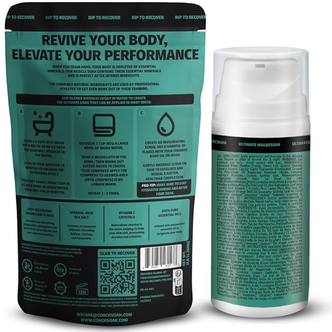 Coach Soak Recovery Bath Soak & Cream - Alternative to Epsom Salt Bath Soak - Fast-Absorbing Pure Magnesium Flakes with 21 Minerals, Bath Salts & Essential Oils - 2 Pack - Cooling Peppermint-Ruum Studio Home
