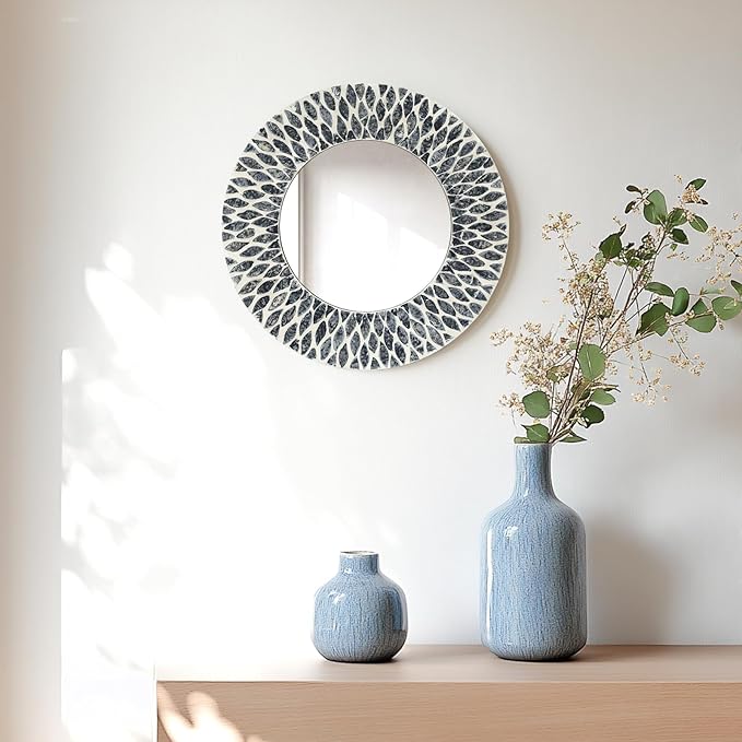 Natural Mother of Pearl Mirror Wall Decor for Bedroom Bathroom, 3PCS Geometric Wall Art Modern Home Office, Handmade Mosaic Art Circle Sculptures for Kitchen Living Dining Room (Black White)-Ruum Studio Home