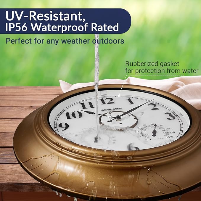 Andy Star 21 Inch Large Luminous Outdoor Wall Clock Waterproof with Temperature, Vintage Round Wall Clocks Battery, Oversized Pool Clock for Garden Patio Rustic Bronze Finish Silent Non Ticking Clock-Ruum Studio Home