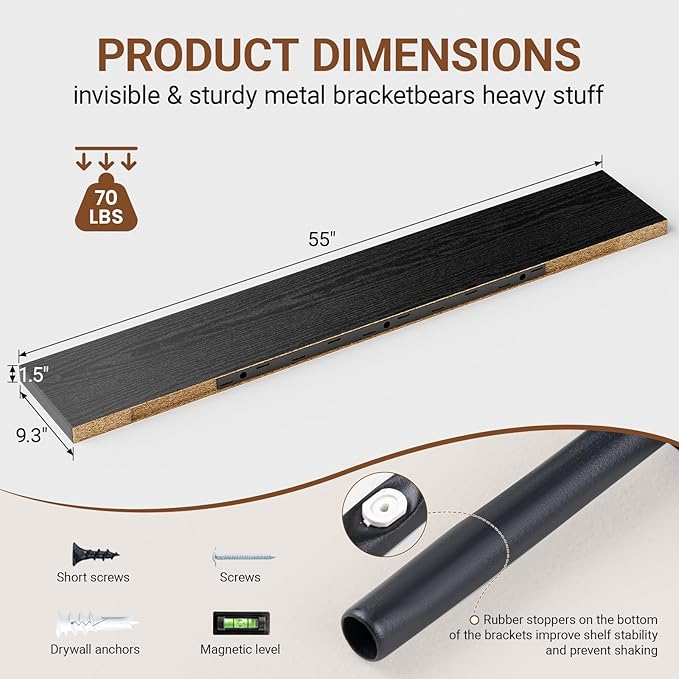 Heimlove 55 Inch Long Floating Shelves for Wall,9.3" Deep Black Floating Shelf Set of 2,Large Display Shelf & Storage Shelf,Wall Mounted Shelves for Bedroom Living Room Kitchen Office-Ruum Studio Home