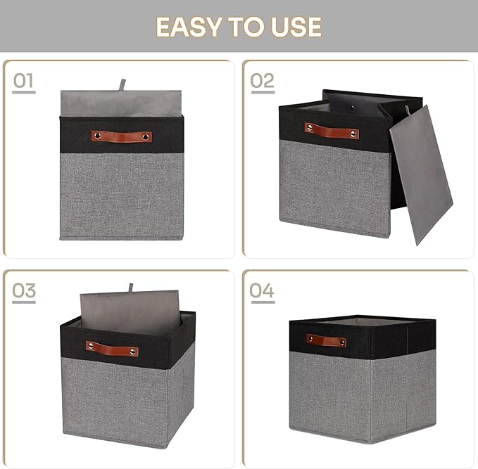 HNZIGE Storage Baskets for Organizing, Set of 4, Square Fabric Storage Cubes Bins 13 x 13, Collapsible Black Storage Bins for Shelves, Closets, Nursery, Home, Office (Black&Grey)-Ruum Studio Home