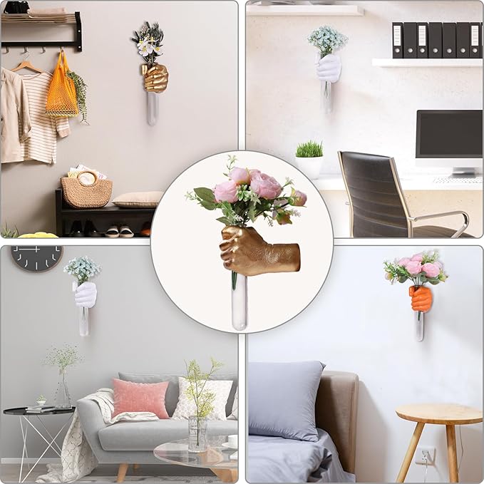 Gold Wall Sculptures, Hand Vases Home Decor, Wall Mount Art Sculpture, Unique Wall Art Statue, Funky Flower Vase Decorations, Modern Eclectic Hanging Decor,Glass Test Tube Vase-Ruum Studio Home