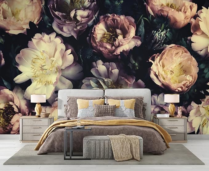 Dark Vintage Floral Wallpaper Large Peony Flowers Wall Mural Bedroom (Not Peel and Stick)-Ruum Studio Home